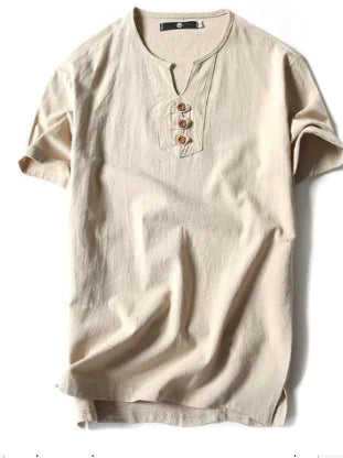 Vintage Linen Henley Men's T-Shirt with Short Sleeves