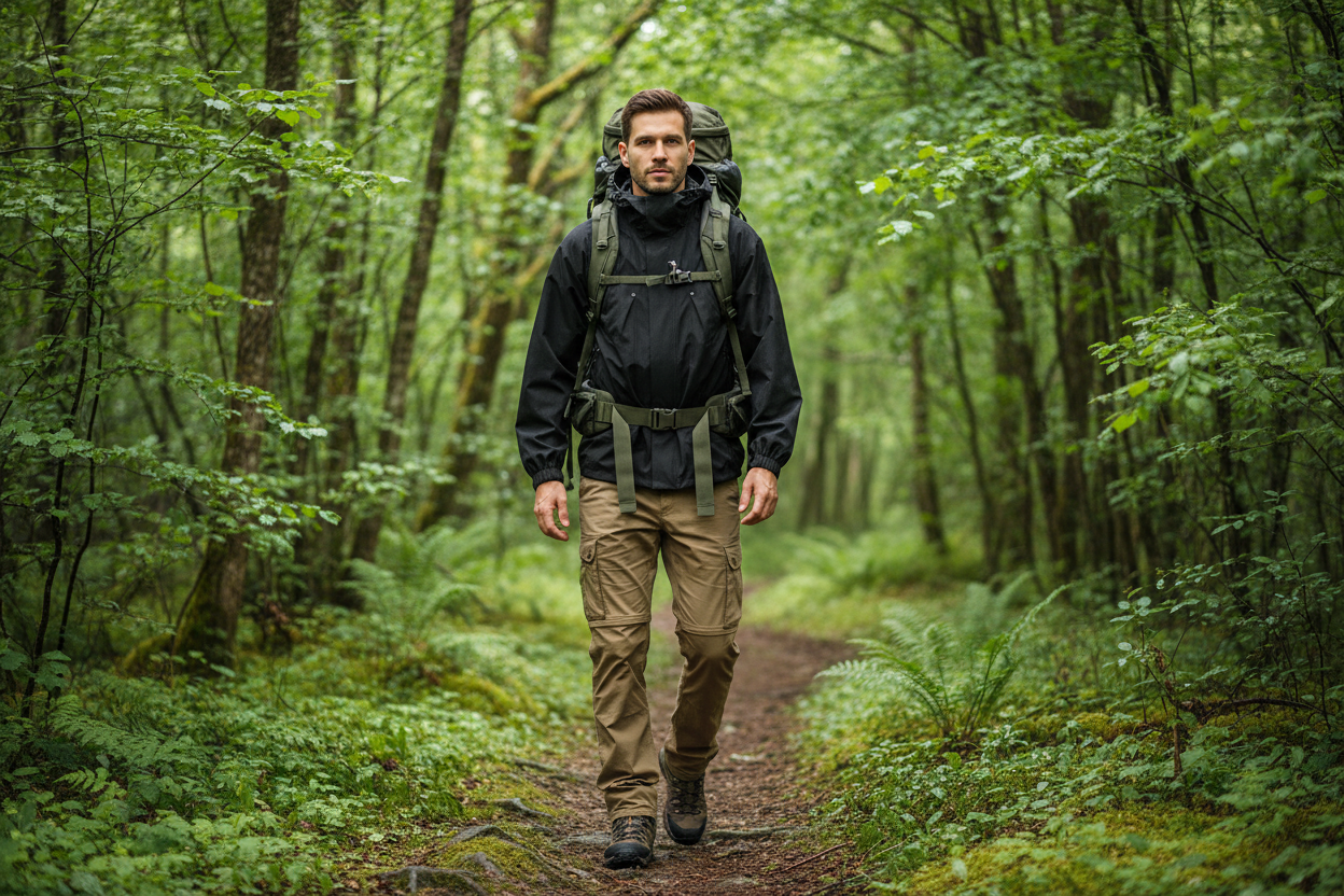 European man hiking in forest with outdoor gear