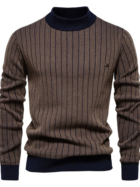 Men's Mock Neck Contrast Striped Sweater